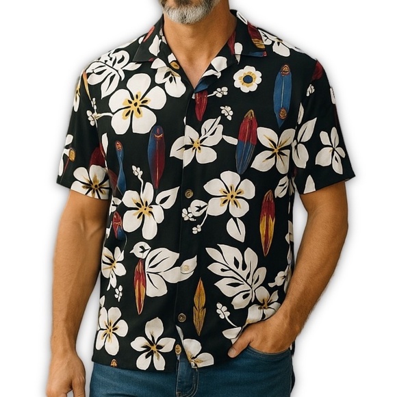 Vintage Hawaiian Shirt Size Large Blue Mod Floral Surf Boards Short Slee… - Picture 1 of 9